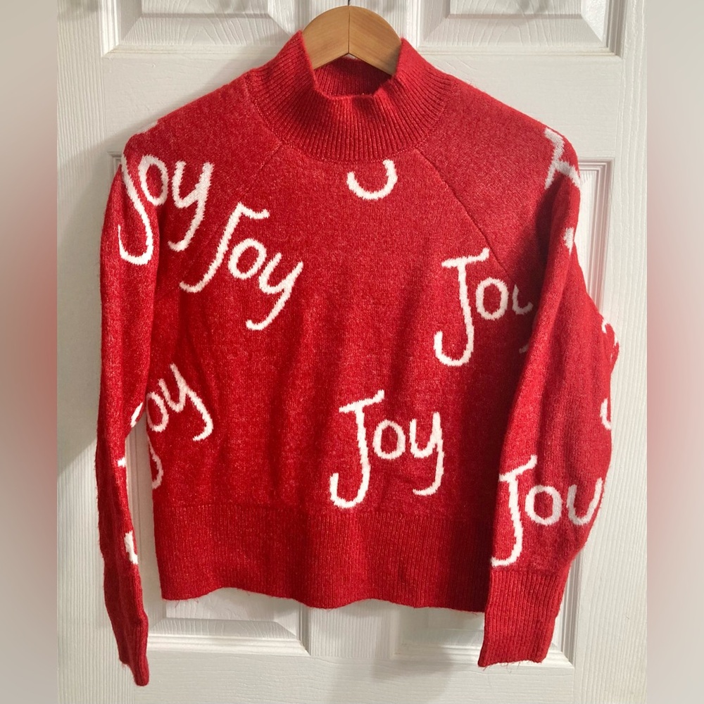 Women’s Small Joy Spellout Christmas Holiday Sweater Red White Mock Neck - Picture 2 of 9